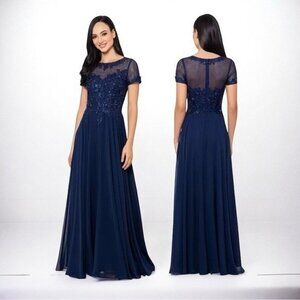 🌻NEW w/tags XSCAPE Navy Blue Boat-Neck Sequin Mesh Gown Women's Size 18